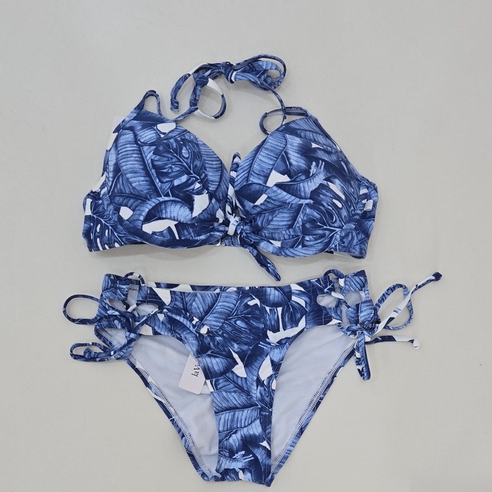 Blue White Leaf Print Bikini Set